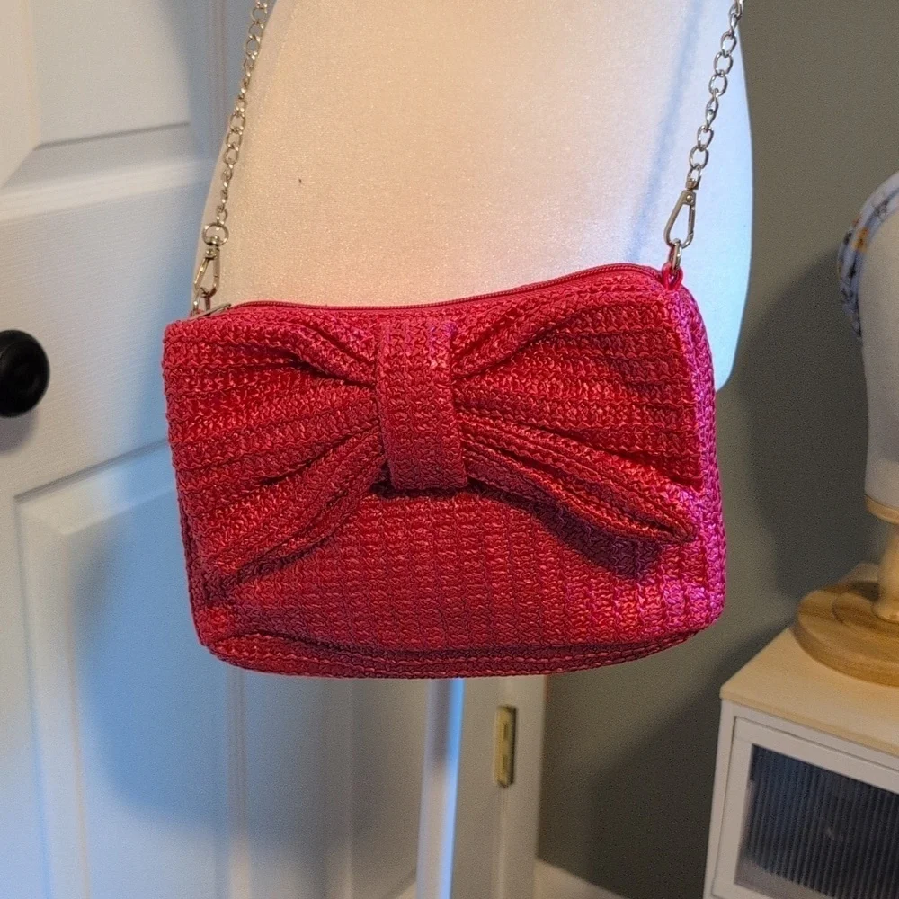 Women's Pink Straw Bow Clutch Handbag NWOT